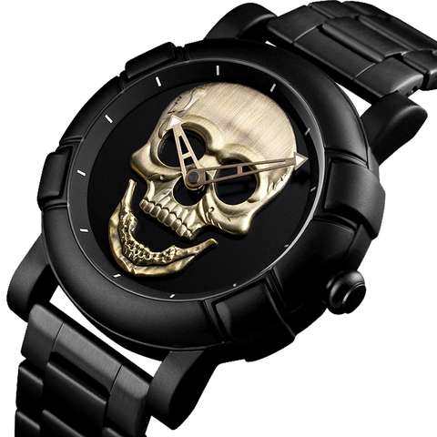 Reloj de cabeza de calavera Steampunk para hombre, cronógrafo con grabado de esqueleto 3D, dorado, negro, de México, Punk, Rock, masculino ► Foto 1/6