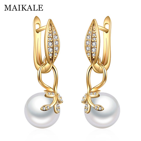 MAIKALE nuevos pendientes de gota con forma de hoja Simple con perlas de oro plata Color AAA Zirconia cúbica pendientes coreanos para mujeres enviar regalos ► Foto 1/6