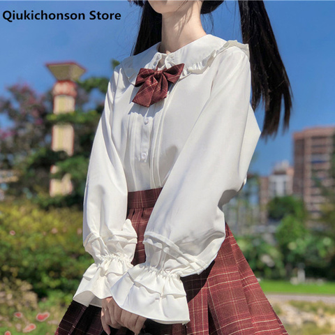 Camisa blanca de manga larga chicas adolescentes mujeres primavera otoño colegial japonés estilo Kawaii con volantes Peter Pan Collar blusa Lolita Tops ► Foto 1/6