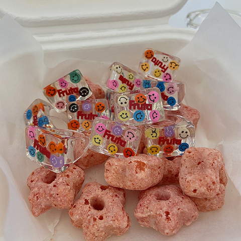 Anillos de resina transparentes con letras de dibujos animados para mujer, anillos cuadrados a juego con caras sonrientes de cristal, joyería ► Foto 1/6