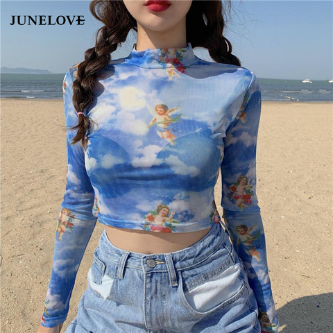 JuneLove-Blusa de manga larga con estampado de ángel para primavera y verano, camisa Sexy de malla transparente para mujer, jerséis de verano, camisetas con transparencias ► Foto 1/6