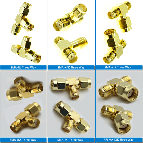 SMA-conector divisor de 3 vías, enchufe tipo T, SMA macho a 2 Dual SMA macho hembra, adaptador de latón dorado, conector Coaxial RF ► Foto 1/5