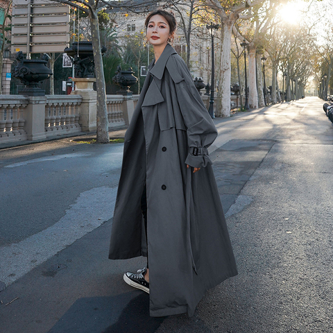 Gabardina larga X holgada de estilo coreano para mujer, abrigo de doble botonadura con cinturón, manto de dama, rompevientos, prendas de vestir de primavera y otoño, color gris ► Foto 1/6