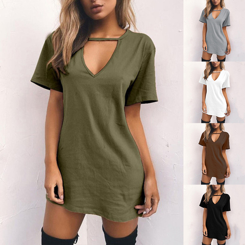 Vestido con camiseta para mujer gargantilla profundo de cuello en V vestidos de verano camiseta corte Mini vestido de manga corta Casual ropa Sexy Dropshipping. Exclusivo. ► Foto 1/6