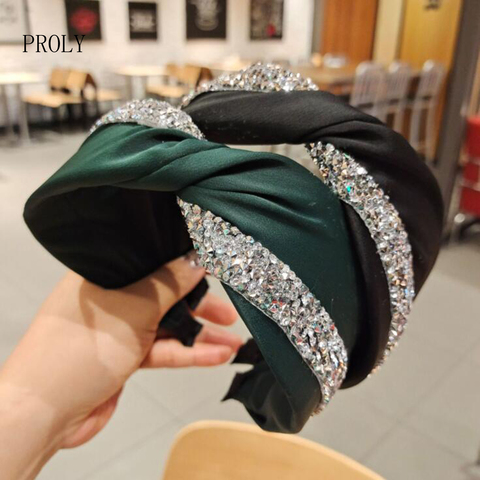 PROLY-Diadema Lado ancho con nudo cruzado para mujer, bandana con diamantes de imitación, accesorios para el cabello de Color sólido ► Foto 1/6