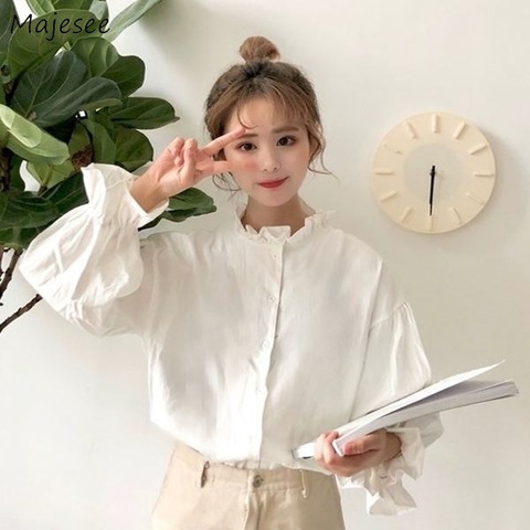 Blusa blanca Harajuku con manga acampanada para mujer, Tops y blusas para mujer, estilo coreano Ulzzang Chic ► Foto 1/6