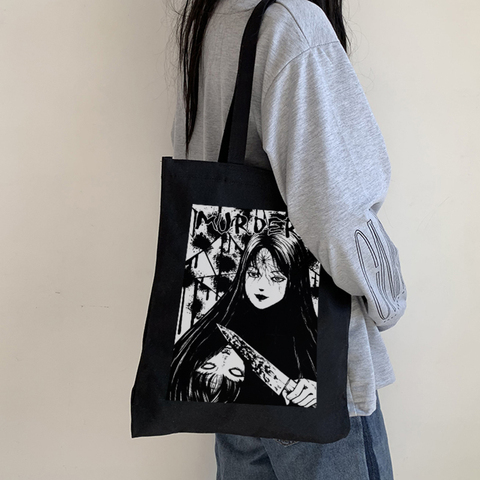 Bolsa de lona de anime japonés para mujer, bolsa de lona gótica Harajuku, bolso de compras de gran capacidad con dibujos animados de horror, bolso de hombro informal a la moda ► Foto 1/6