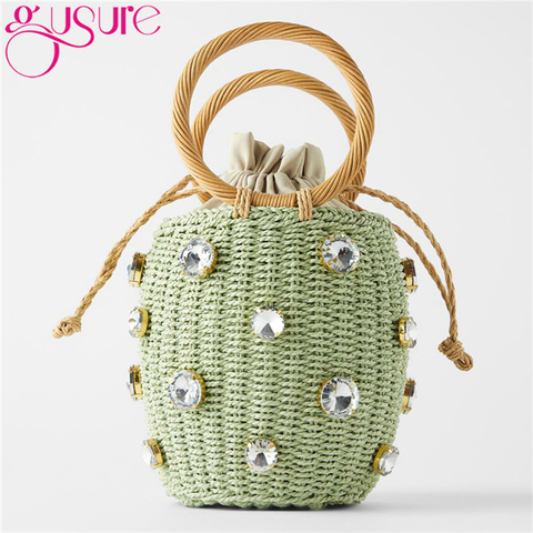 Gusure-Bolsos de paja de diamantes verdes para mujer, bolso de mano de ratán tejido a mano, bolso de mano para mujer, bolsa de playa Bohemia para vacaciones de verano 2022 ► Foto 1/6