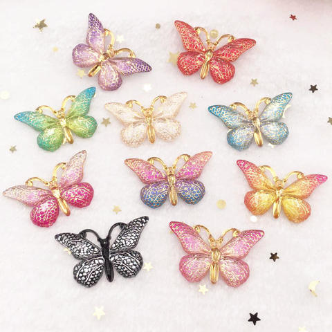 10 Uds. De resina de 25x38mm con mariposas de colores brillantes, diamantes de imitación con parte trasera plana, adornos de 1 orificio, apliques de boda artesanales, nuevo, W75 ► Foto 1/6