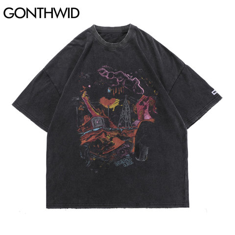 GONTHWID-camisetas oversize Hip Hop desgastadas Graffiti Punk Rock, ropa gótica, ropa de calle, camiseta de manga corta Hipster Harajuku ► Foto 1/1