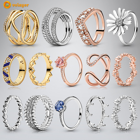 Volayer-anillo con diseño de cadena de serpiente y margaritas para mujer, 925 anillos de plata esterlina, corona, banda abierta de corazones, Original, 925 ► Foto 1/6