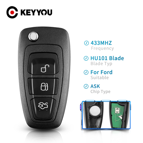 KEYYOU-llave de Control remoto plegable de 3 botones para Ford Focus Fiesta 2013, funda Fob con hoja HU101, 433Mhz, ASK ► Foto 1/6