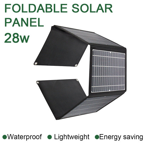 Gran oferta de cargador solar plegable de 18v y 28w, USB dual de 5v + Puerto DC, cargador de panel solar de batería plegable ► Foto 1/6