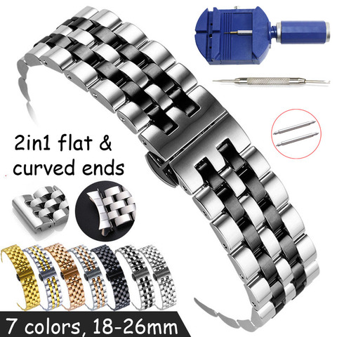 Correa de reloj plana y extremo curvado, de acero inoxidable, 18, 19, 20, 21, 22mm, 24mm y 26mm, pulsera de muñeca de repuesto con broche de mariposa ► Foto 1/6