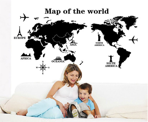 Adhesivos para la pared con mapa del mundo, decoración del hogar para habitación de niños, calcomanías de pared de avión de viaje para dormitorio, tamaño grande ► Foto 1/6