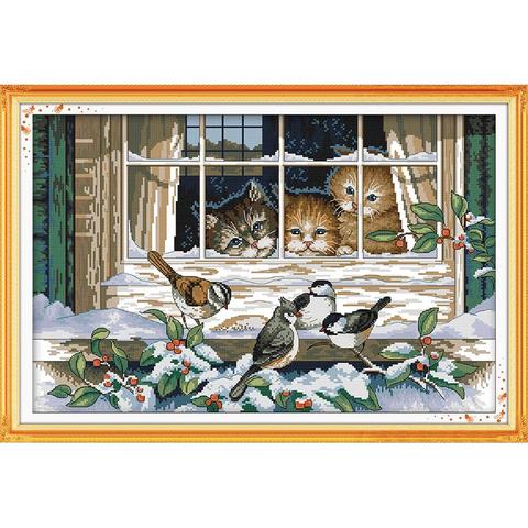 Kit de punto de cruz de paisaje de ventana de invierno, lienzo con estampado de gato y pájaro, 14CT, 11CT, artesanal, patrón de costura, juego de bordado, decoración del hogar ► Foto 1/6