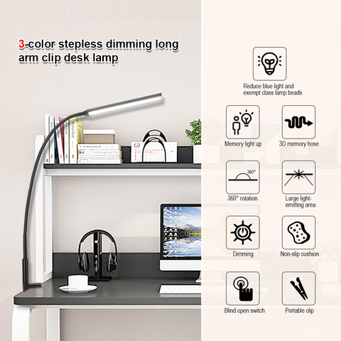 Lámpara de mesa de brazo largo, 64 LED, Clip Flexible USB, lámpara de escritorio LED de oficina, protección para los ojos, brillo ajustable y Color para dormitorio y estudio ► Foto 1/6