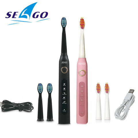 Seago-cepillo de dientes eléctrico sónico, temporizador para adultos, recargable por USB, con 3 uds. De cabezales de repuesto ► Foto 1/6
