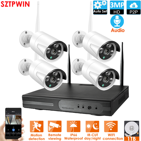 8CH 3.0MP de Audio HD de Kit NVR inalámbrico P2P 3.0MP de interior al aire libre de la visión nocturna IR seguridad 4 Uds 3.0MP IP cámara CCTV inalámbrico sistema ► Foto 1/6