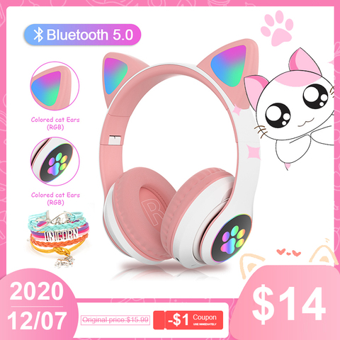 Nuevo RGB Oreja de Gato auriculares Bluetooth 5,0 de bajo ruido cancelación de los adultos niños auricular de mujer tarjeta de soporte TF Casco micrófono pulsera de regalo ► Foto 1/6