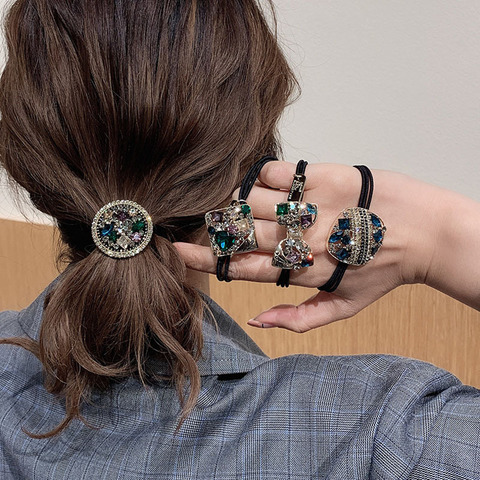 Cuerda para el pelo con diamantes de imitación para mujer, coleta de cristal a la moda, Anillo para el pelo, Red, lazo rojo, cuerda para el pelo sencilla ► Foto 1/6