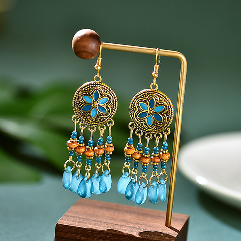 Flor Retro étnico bohemio para mujer, joyería turca Jhumka, aretes Vintage de madera de pavo con cuentas, aretes de borla, Bisutería ► Foto 1/6