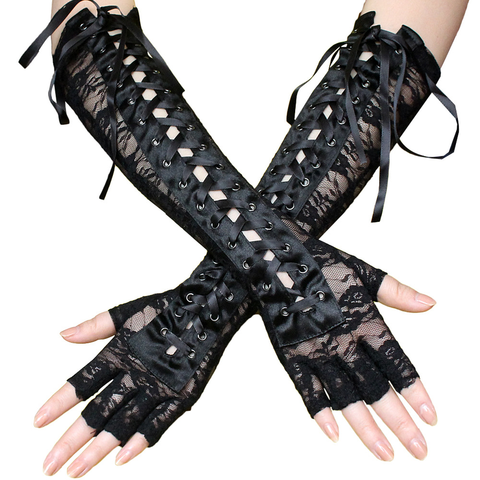 Helisopus-guantes largos de encaje para mujer, de invierno, medio dedo, cinta, sin dedos, malla, para fiesta ► Foto 1/6