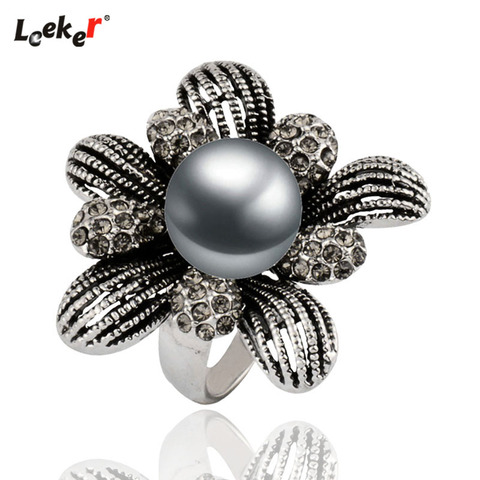 LEEKER Vintage gris perla grandes anillos de flores para las mujeres Color plata antiguo mujer Retro declaración joyería 075 LK5 ► Foto 1/6