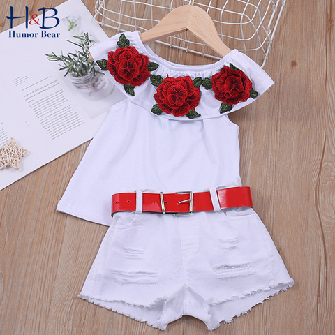 Humor Bear-traje de verano para niña, conjunto de ropa con cuello redondo, blusa de flores rosas, pantalones cortos rasgados blancos ► Foto 1/6