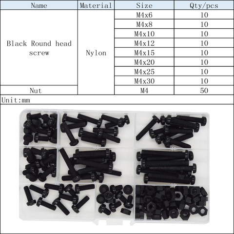 M2 M2.5 M3 M4 M5 M6 de Nylon negro cabeza tornillo máquina Phillips rosca métrica redonda de plástico perno-tuerca surtido Kit ► Foto 1/5