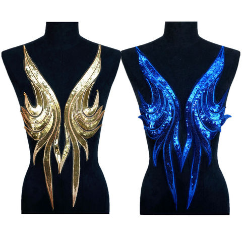 Tela de encaje con lentejuelas de color dorado y azul real, apliques de vestido bordado, cuello Sexy Noble, parches para coser, decoración para ropa de boda, bricolaje, 2 uds. ► Foto 1/6