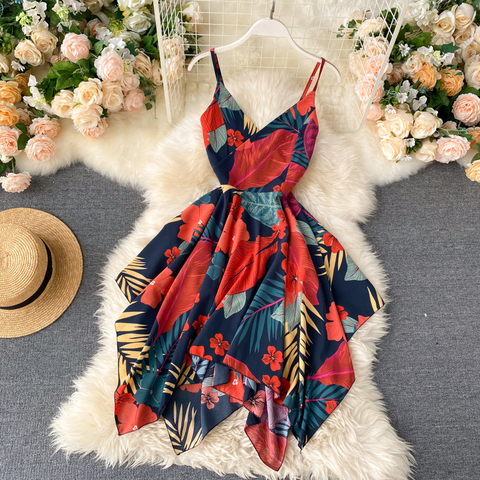 2022 Boho v cuello vestido por debajo de la rodilla con estampado floral sexy spaghetti Correa fiesta de verano de las mujeres ocasionales irregular vestido Vestido de playa o vacaciones ► Foto 1/6