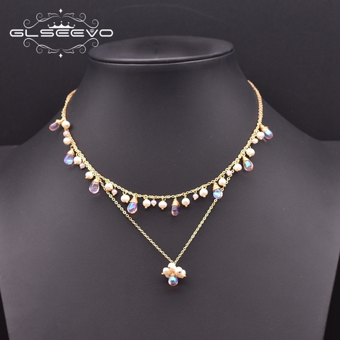 GLSEEVO-Colgante de abalorio con perla Natural para mujer, collar de boda, romántico, doble cristal checo, joyería de lujo hecha a mano, GN0232 ► Foto 1/4