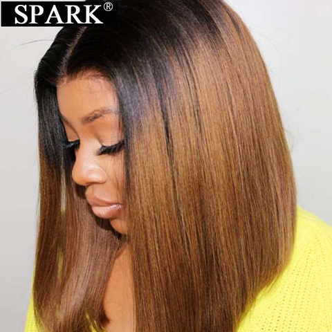 SPARK-Peluca de cabello humano liso de 4x4, postizo de encaje con cierre, corte Bob ombré, pelo peruano Natural 1B/30 y 4/27, pelucas de cabello humano Bob corto resaltado ► Foto 1/6