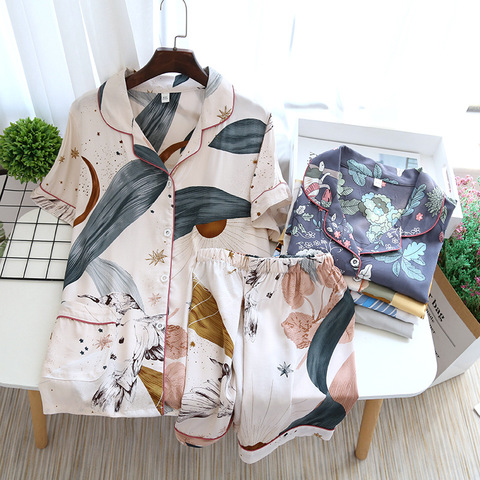 Pijamas finos de manga corta para mujer, pantalón corto con estampado floral grande, para el hogar, novedad de verano ► Foto 1/6