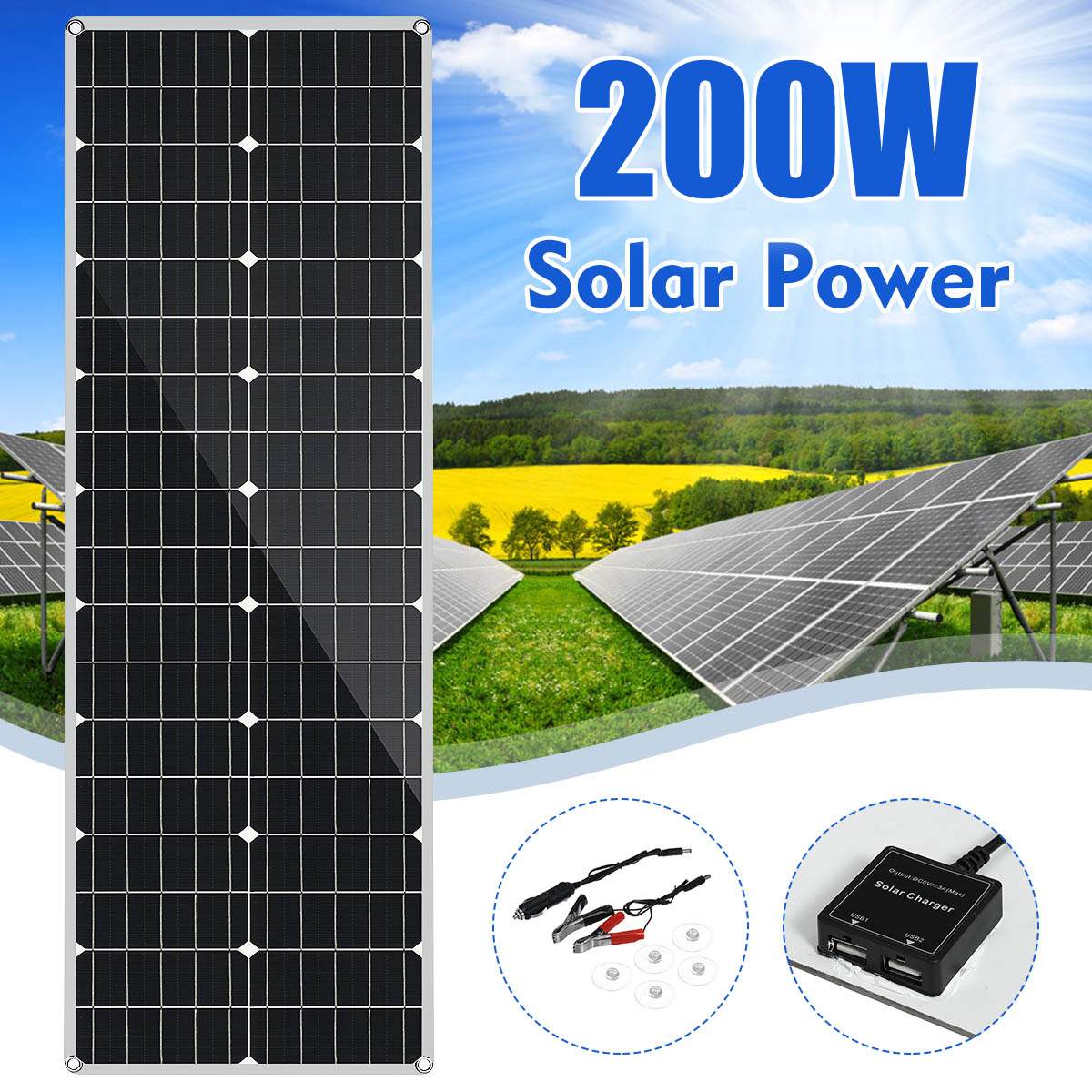 LEORY-Panel Solar De Silicio Monocristalino Flexible para exteriores, Panel Solar de 18V, 200W, para ciclismo, escalada, senderismo, Camping ► Foto 1/6