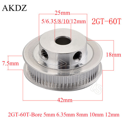 Polea De distribución GT2, 60 dientes, 5mm, 6,35mm, 8mm, 10mm, 12mm, 14mm, para correa de ancho de 6mm, utilizado en polea lineal 2Gt, 60 dientes, 60 T ► Foto 1/6