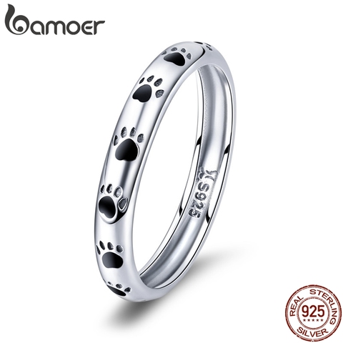 Anillo de Plata de Ley 925 BAMOER apilable con huellas de perro y gato para mujer, anillo de boda, joyería, regalo para el Día de San Valentín SCR445 ► Foto 1/6