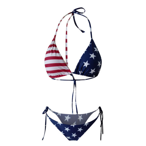 # H40 de las mujeres Alta Corte de la pierna Bikini Sexy conjunto de Bikini con cuello Halter brasileño Bikini bandera americana Imprimir dos pieza traje de baño ► Foto 1/5