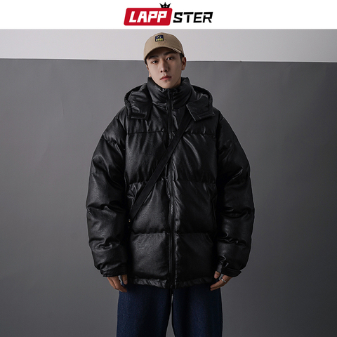 LAPPSTER-Chaqueta acolchada de cuero para hombre, ropa informal japonesa de Hip Hop, abrigos de burbujas, abrigo coreano para pareja, color negro, invierno, 2022 ► Foto 1/6