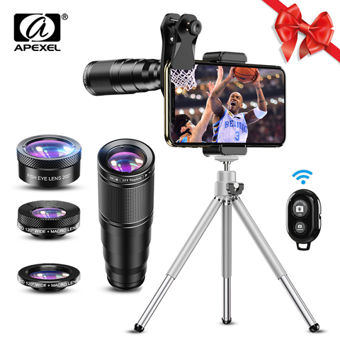 APEXEL nuevo HD Kit de lentes de cámara de teléfono 4in1 teleobjetivo Zoom telescopio Monocular 22X Macro lente amplia lente de ojo de pez con control remoto trípode ► Foto 1/5