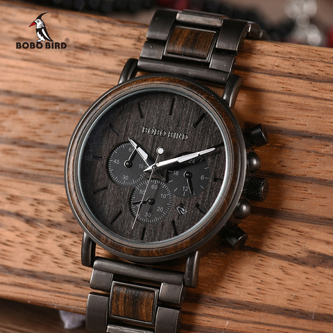 Reloj de madera BOBO BIRD para hombre reloj Masculino marca superior lujo elegante cronógrafo relojes militares relojes en caja de regalo de madera ► Foto 1/6