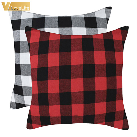 Funda de almohada a cuadros vichy grandes, cubierta de protección de algodón, a cuadros, negro, blanco, rojo y negro, decoración del hogar, regalos de navidad ► Foto 1/6