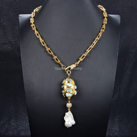 GG Jewelry-collar de cadena con colgante de circonia cúbica, joyería de 20 pulgadas, color blanco, Perla Azul perla Larimar, esculpido Natural, barroco Keshi ► Foto 1/3