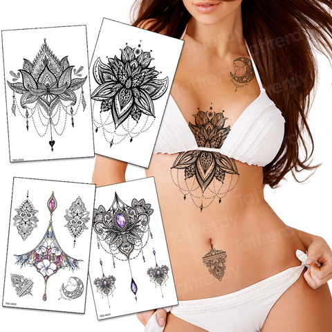 Mandala etiqueta engomada del tatuaje temporal de henna negra sexo tatuaje para mujer bajo tatuaje para el pecho underboob bocetos diseños de tatuaje ► Foto 1/6