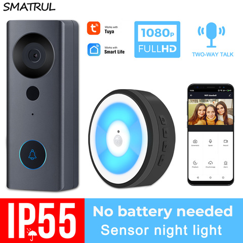 SMATRUL-timbre de puerta Tuya 1080P HD, cámara de vídeo, WiFi, inalámbrico, inteligente, intercomunicador para exteriores, Audio de 2 vías, luz LED nocturna, USB ► Foto 1/6