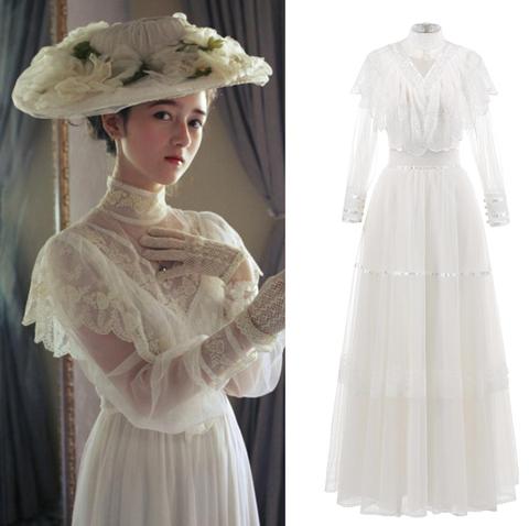 Tul cuello alto vestido de boda Medieva victoriana Vintage 2022 de manga larga de encaje jardín país para dama boda de dama de honor vestido 1098 # ► Foto 1/6