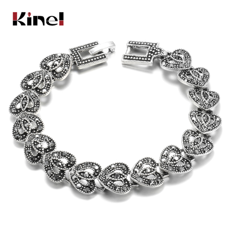 Kinel-pulsera bohemia de cristal negro brillante para mujer, Brazalete de eslabones de corazón plateado tibetano antiguo, joyería de boda Vintage ► Foto 1/6