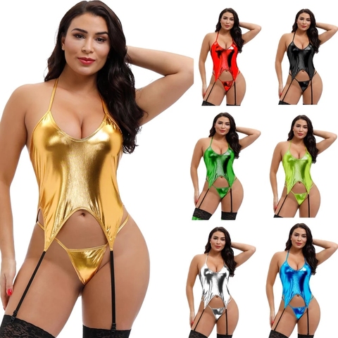 Top metálico brillante con cuello Halter y liguero para mujer, conjunto de G-String, ropa de baile en barra, Catsuit ► Foto 1/6