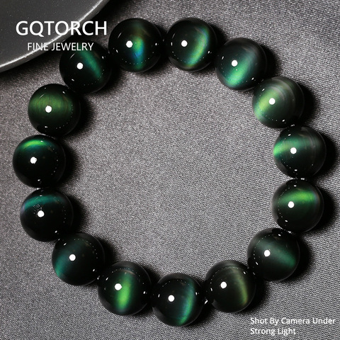 Pulsera de arcoíris para hombres y mujeres, brazalete de cuentas de obsidiana con ojos de Color verde, piedra Natural, 8-18mm, joyería de Buda de la suerte ► Foto 1/6